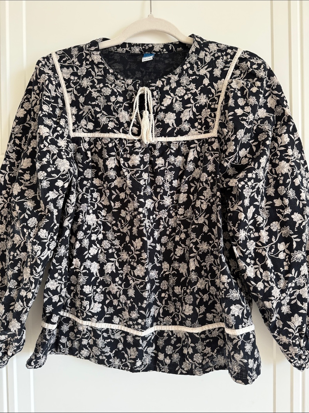 Black Floral Blouse with Cream Lace Trim